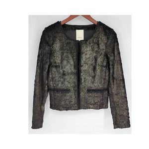 Elevenses Anthropologie Black Gold Metallic Faux Fur Coat Coatigan Women's S